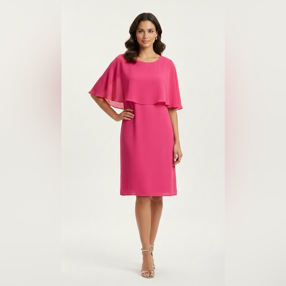 Glamour Dresses & Skirts - Glamour Nights Pink Popover Cape Sheath Dress Size 6 Chiffon Overlay